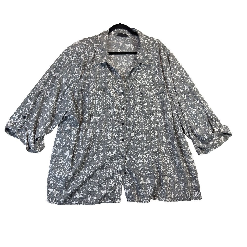 Maggie Barnes Blouse Womens 4X Gray Button Up Paisley Front Pockets Career Top